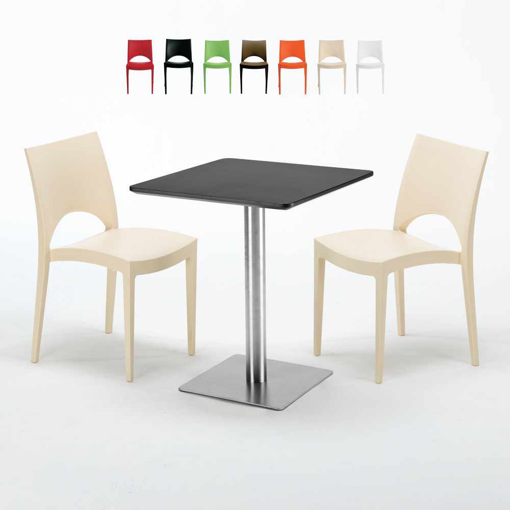 Schwarz Tisch Quadratisch 60x60 Mit Stahlfuß 2 Bunten Stühlen PARIS