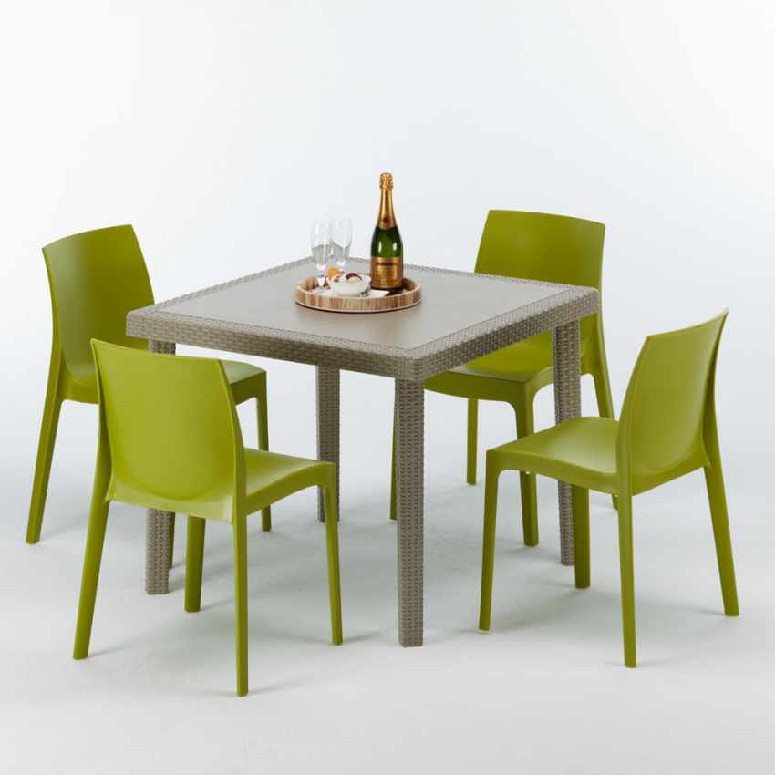 Polyrattan Tisch quadratisch mit 4 bunten Stühlen 90x90 ...